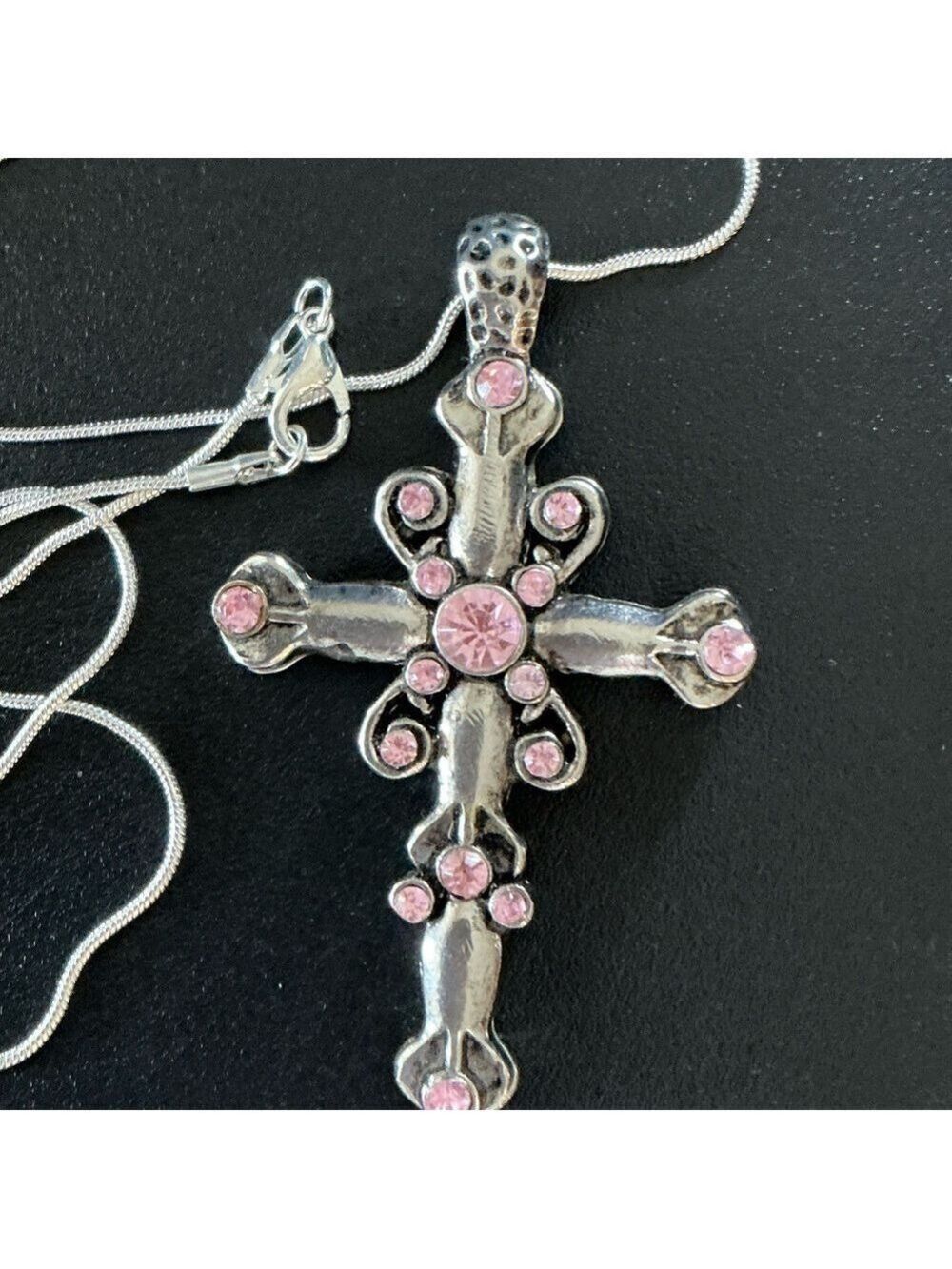 Sterling Silver Cross Pendant Necklace Pink Accent Crystals 20 Inch
